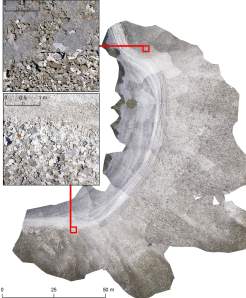 A mosaic created from kite images showing an island spit. The insets show the level of detail across the mosaicked image.