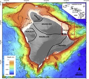 Map showing offshore study area (after Puga-Bernabéu, Á, et al. 2016). Puga-Bernabéu, Á., Webster, J. M., Braga, J. C., Clague, D. A., Dutton, A., Eggins, S., Fallon, S., Jacobsen, G., Paduan, J. B., and Potts, D. C., 2016, Morphology and evolution of drowned carbonate terraces during the last two interglacial cycles, off Hilo, NE Hawaii: Marine Geology, v. 371, p. 57-81.